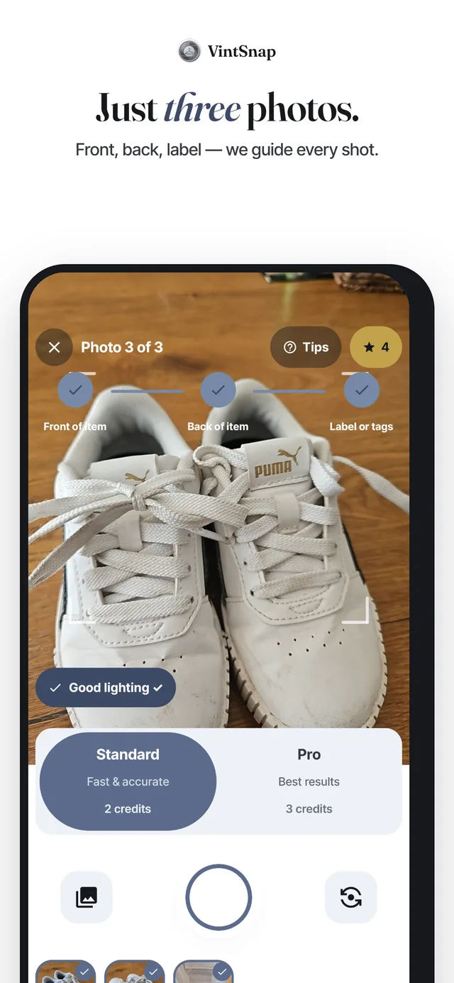 VintSnap: Guided shots: front, back, label